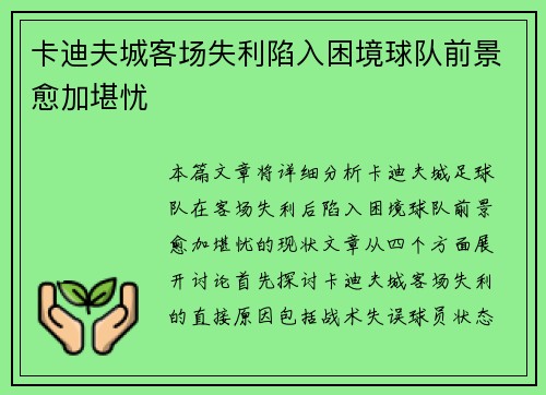 卡迪夫城客场失利陷入困境球队前景愈加堪忧