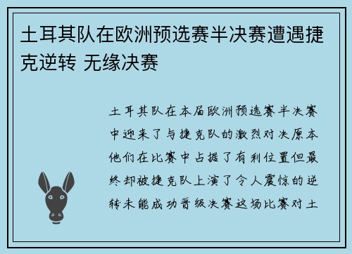 土耳其队在欧洲预选赛半决赛遭遇捷克逆转 无缘决赛