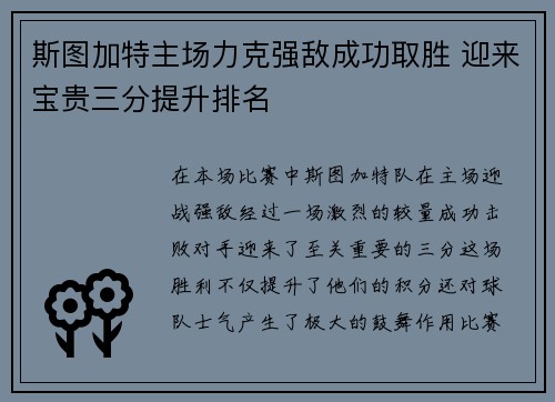 斯图加特主场力克强敌成功取胜 迎来宝贵三分提升排名