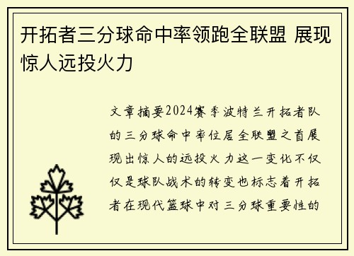 开拓者三分球命中率领跑全联盟 展现惊人远投火力