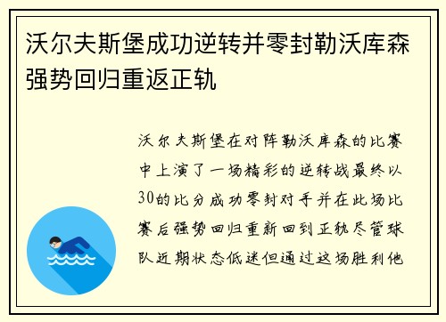 沃尔夫斯堡成功逆转并零封勒沃库森强势回归重返正轨