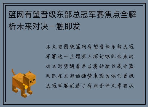 篮网有望晋级东部总冠军赛焦点全解析未来对决一触即发