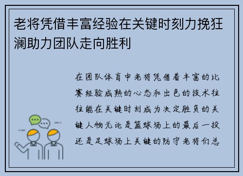 老将凭借丰富经验在关键时刻力挽狂澜助力团队走向胜利