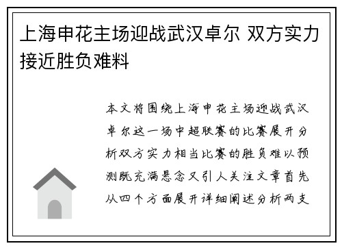 上海申花主场迎战武汉卓尔 双方实力接近胜负难料
