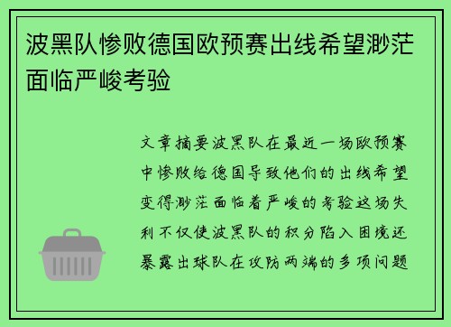 波黑队惨败德国欧预赛出线希望渺茫面临严峻考验