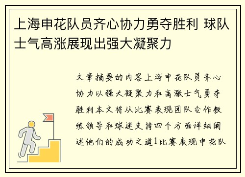 上海申花队员齐心协力勇夺胜利 球队士气高涨展现出强大凝聚力